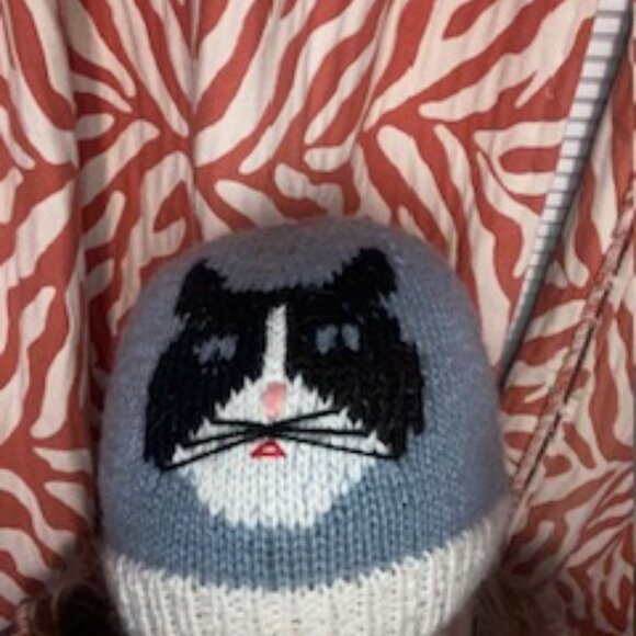 Kitty Cat knit Hat, blue black and white stiching, fits small teen, kids, sz. Sm - Picture 4 of 5